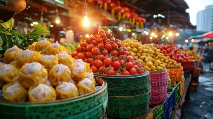 Chinese cuisine concept with dim sum and street food. Vibrant market scene with colorful fruits and vegetables under warm lights.
