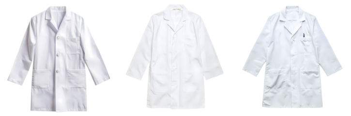Triple white lab coats on transparent background - high contrast