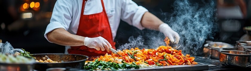 Chinese cuisine concept with dim sum and street food. Street chef preparing a vibrant mix of vegetables and meats in a busy outdoor setting.