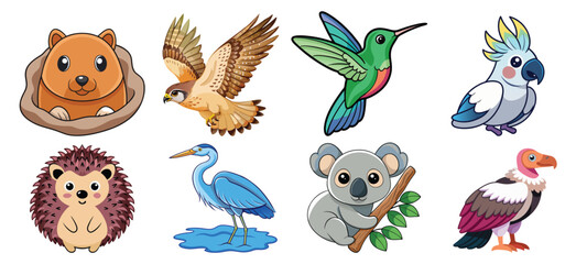 Obraz premium Cute Cartoon Animals and Birds