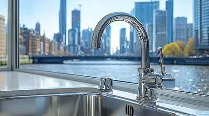 Modern chrome faucet over cityscape view