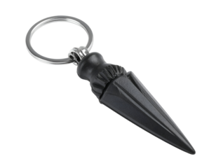 Black Metallic Keychain with Silver Ring Detailing a Sharp Pointed Cone Shape Object on a Transparent Background