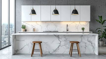 Modern kitchen with marble island and city view