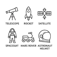Black and White Vector Icons of Space Exploration Tools with Labels © MystoganCreative