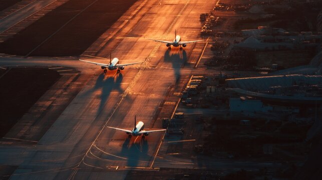 Airplanes taking off at sunset airport runway aerial view calm environment aviation concept