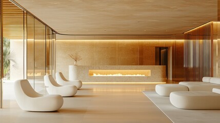 Modern, light-filled lobby with warm tones and comfortable seating