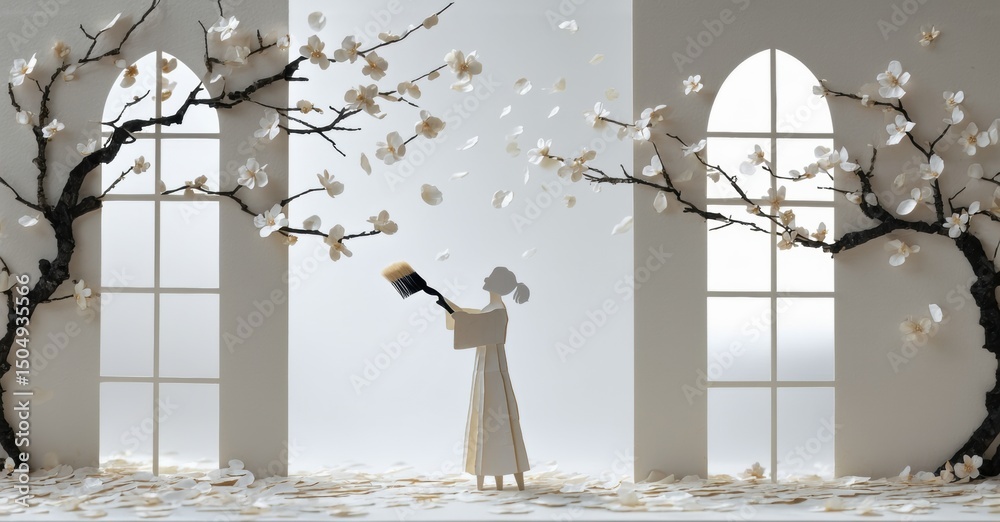 Poster minimalist scene. woman stands amid blossoming trees, book open. petals fall, creating serene, dream