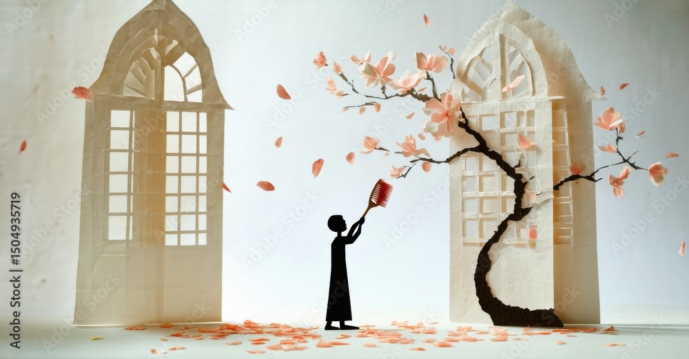 Aufkleber Papercraft scene depicts figure holding light source near tree. Petals fall around windows, creating whimsical atmosphere. Minimalist design.