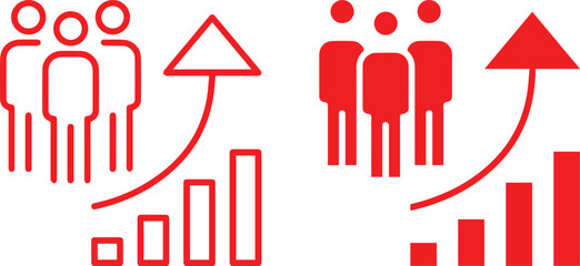 abstract ,minimal ,geometric, red icons, infographic elements, people symbols, up down arrows, bar chart, isolated on white