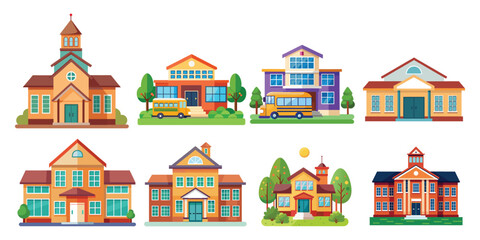 Collection of Colorful School Buildings with School Buses