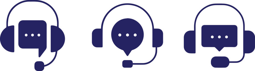 headphones, speech bubbles, customer service, technical support, call center, blue, minimal, vector illustration