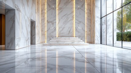 Modern marble lobby with tiered platform