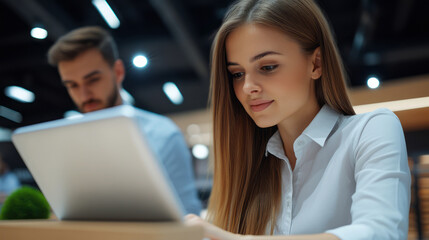 Young woman using tablet in modern office environment with male colleague in background