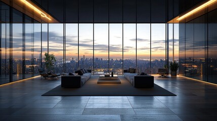 Modern penthouse living room, city view