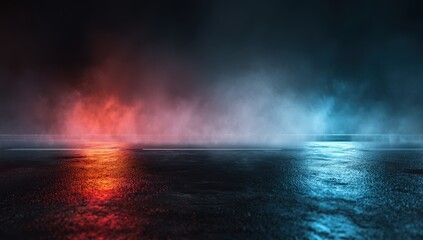 Futuristic 3D rendering of wet asphalt road with neon lights and fog, ideal for tech branding campaigns, digital content backdrops, and cyberpunk-themed editorial projects.

