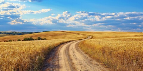A long, winding dirt road cutting through golden fields, leading towards the horizon