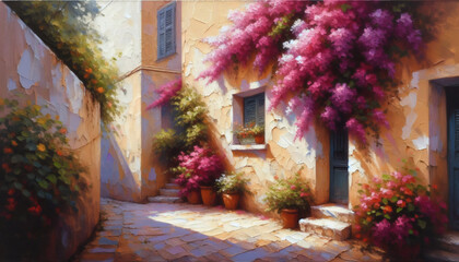 Fototapeta premium Charming Mediterranean Alley with Vibrant Bougainvillea