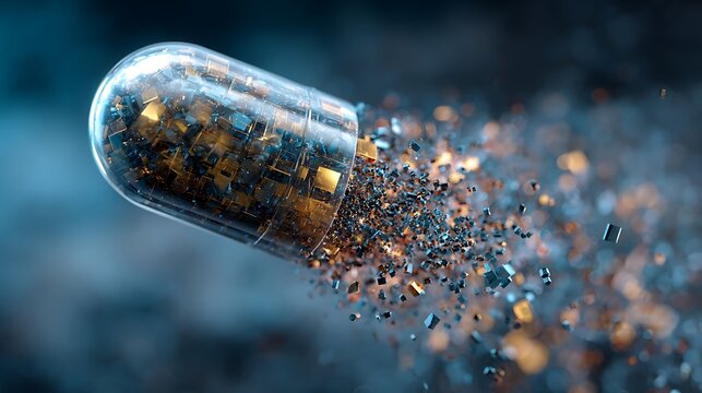 Capsule Exploding with Tiny Metallic Cubes in a Macro View