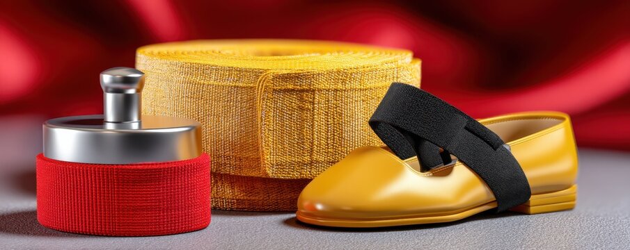 occupational health workshop design. Stylish accessories on a textured surface with vibrant backdrop.