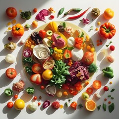 Colorful assortment of fresh fruits, vegetables, herbs, and cheese artfully arranged on a plate with bright natural lighting, perfect for healthy eating or food styling concepts.