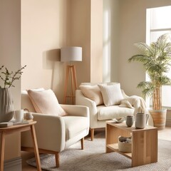 Cozy living room with beige walls, soft cream furnishings, and warm light wood furniture.