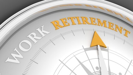 The needle of compass points to the word retirement ignoring the words work. The decision an aging worker must make between staying in the workforce or entering retirement. 3D render