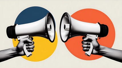 Two hands holding megaphones in front of colored circles on a light background