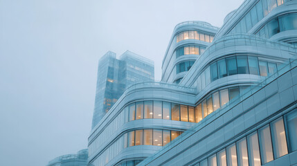 Fototapeta premium modern architecture featuring smooth forms glass and wood seamlessly blending into urban landscape