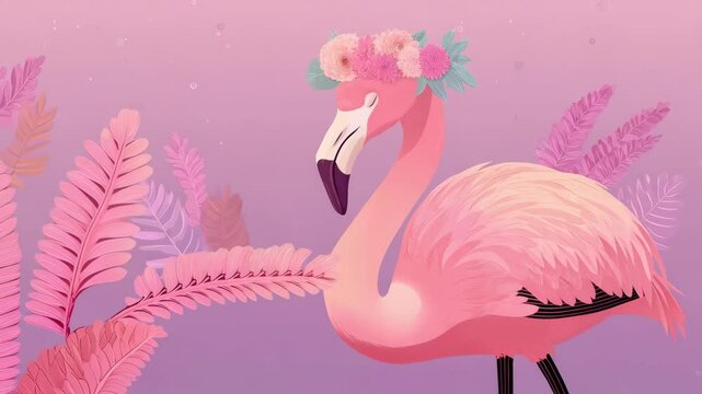 Pink flamingo portrait with floral crown on an pastel background. Cartoon style rendering with decorative botanical elements.