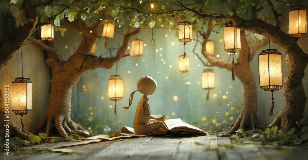 Aufkleber small figure reads book within glowing tree tunnel. soft light illuminates scene, creating magical a