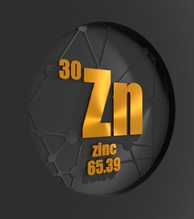Zinc chemical element. Sign with atomic number and atomic weight. Chemical element of periodic table. Connected lines with dots. Circle frame. 3D render