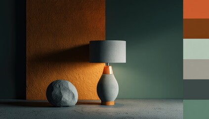 A minimalist scene features a table lamp with a grey shade and textured base on a muted background, accompanied by a stone sphere, and a color palette