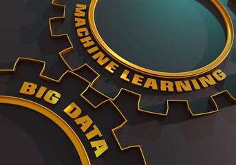 Deep learning, Machine learning and big data concept. Text on the mechanism of gears. 3D render