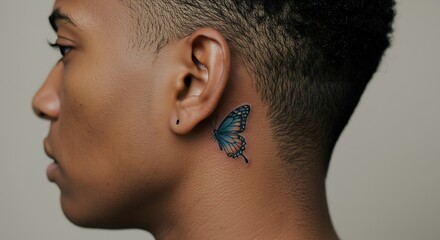 close up tattoo butterfly under back ear of naughty beautiful woman 