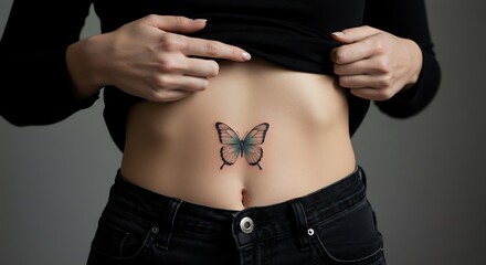 Fototapeta premium close up tattoo butterfly above the navel of naughty beautiful woman 