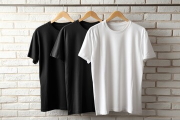 Three plain t-shirts, black, white, and black, hang on wooden hangers against a white brick wall