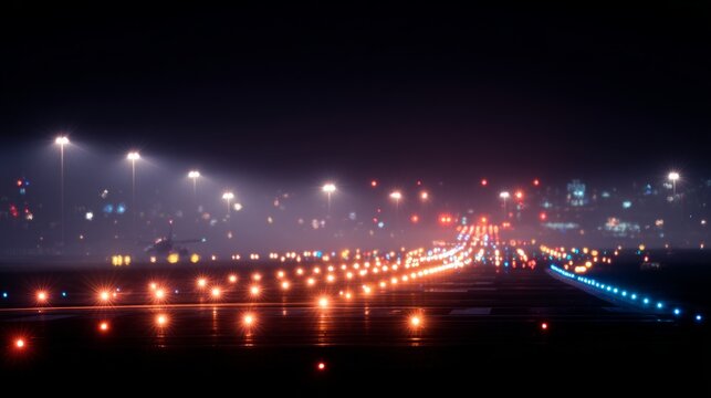 Nighttime air traffic control operations airport runway photography urban environment aerial view aviation safety