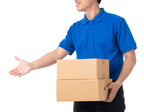 Delivery Person Holding Two Cardboard Boxes Presenting Service and Goods - Powered by Adobe