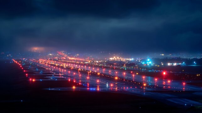 Air traffic control lights at night airport runway nighttime photography urban environment aerial view aviation safety