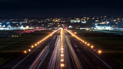 Fototapeta premium Air traffic control operations airport runway night photography urban landscape aerial view transportation dynamics