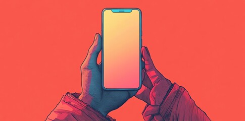 Person holding smartphone orange background