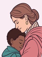Obraz premium Mother embracing child in a tender moment, showcasing love and connection, with soft colors and gentle expressions, highlighting the bond between parent and child