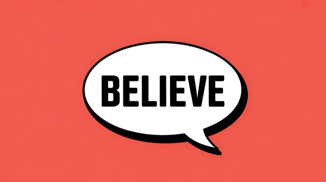 A white speech bubble with the word believe in black text on a red background - Powered by Adobe