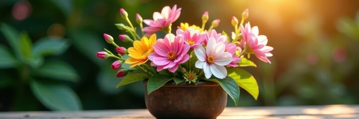 Sunlit posy of mixed spring blooms in rustic pot , white, purple