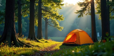 Two-person dome tent amidst towering trees, sunlit clearing, landscape, dome, setup