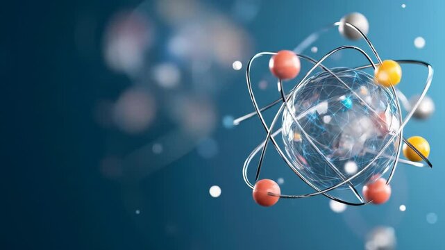 Quantum atom model with orbiting electrons and glowing particles illustrating energy, science, and atomic structure colorful 3D