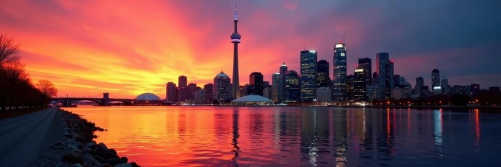Fototapeta premium Vibrant sunset casts orange glow on Toronto's core , real estate photography, night