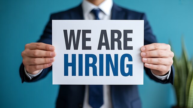 Man in suit holding a we are hiring sign with blue background and plant visible
