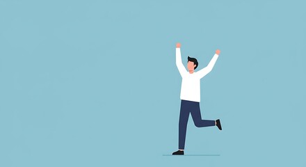 Celebrating success man in mid air with arms raised against blue backdrop