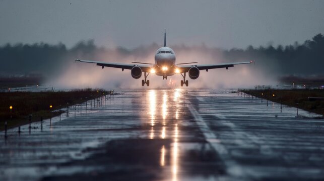Landing airplane action airport location photography content type rainy environment ground viewpoint aviation concept
